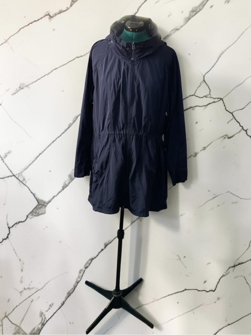 Athleta Navy Hooded Jacket w/ Drawstring Waist P:26” L:38” - Picture 5 of 7